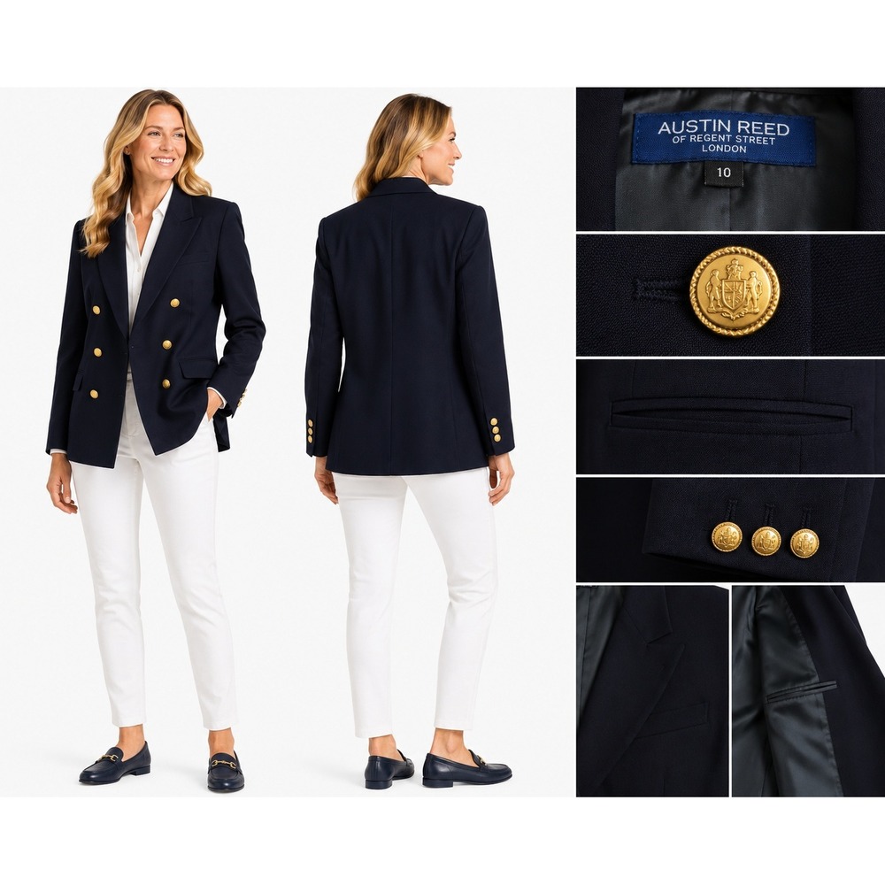 Austin Reed Blazer Women 10 Navy Double Breasted Gold Button Peak Lapel USA Made